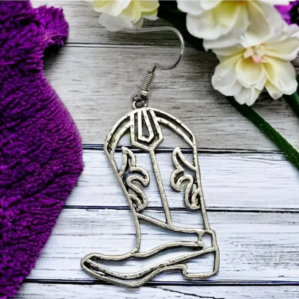 Silver Cowboy Boot Earrings Western Cowgirl Nashville Jewelry Rodeo Honky Tonk